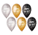 Balony Premium "Happy New Year", złote, srebne, czarne 12" 6szt