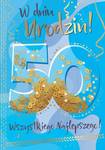 Karnet confetti 50-te urodziny niebieskie KNF-039