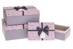 Zestaw pudełek prostokąt fioletowe w białe paski, wieczko różowe w kwiaty z granatową kokardą (3szt)