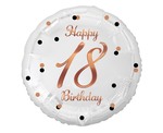 Balon foliowy Happy 18 Birthday, biały, nadruk różowo-złoty, 18"