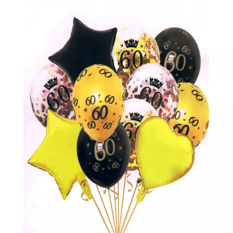 Zestaw 11 balonów 60 urodziny, czarno-złote