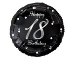 Balon foliowy Happy 18 Birthday, czarny, nadruk srebrny, 18"
