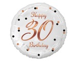 Balon foliowy Happy 30 Birthday, biały, nadruk różowo-złoty, 18"