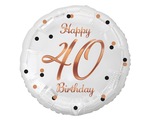 Balon foliowy Happy 40 Birthday, biały, nadruk różowo-złoty, 18"