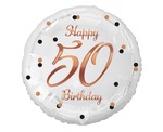 Balon foliowy Happy 50 Birthday, biały, nadruk różowo-złoty, 18"