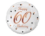 Balon foliowy Happy 60 Birthday, biały, nadruk różowo-złoty, 18"