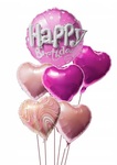 Zestaw 6 balonów okrągły i serca Happy birthday, różowe