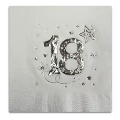 Serwetki 33x33 18 urodziny (N), białe - srebrny nadruk