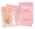 Karnet 1 urodziny, roczek, różowy - księżyc i miś PR-432