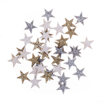 Gwiazdki drewniane, dwustronne - brokatowe, 36 szt złoty, srebrny, biały