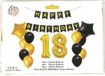 Balony 18 Urodziny + baner, czarno złote, 14 szt.
