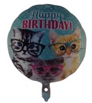 Balon foliowy okrągły, Happy Birthday, kotki w okularach, 45cm
