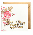 Karnet ręcznie robiony z drewienkiem kwadrat Urodziny różowy kwiat