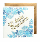 Karnet ręcznie robiony z drewienkiem kwadrat Urodziny niebieskie kwiaty