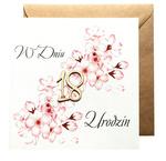 Karnet ręcznie robiony z drewienkiem kwadrat 18 Urodziny kwiaty wiśni