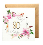 Karnet ręcznie robiony z drewienkiem kwadrat 30 Urodziny kwiaty