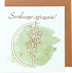 Karnet ręcznie robiony z drewienkiem kwadrat Serdeczne życzenia zielone