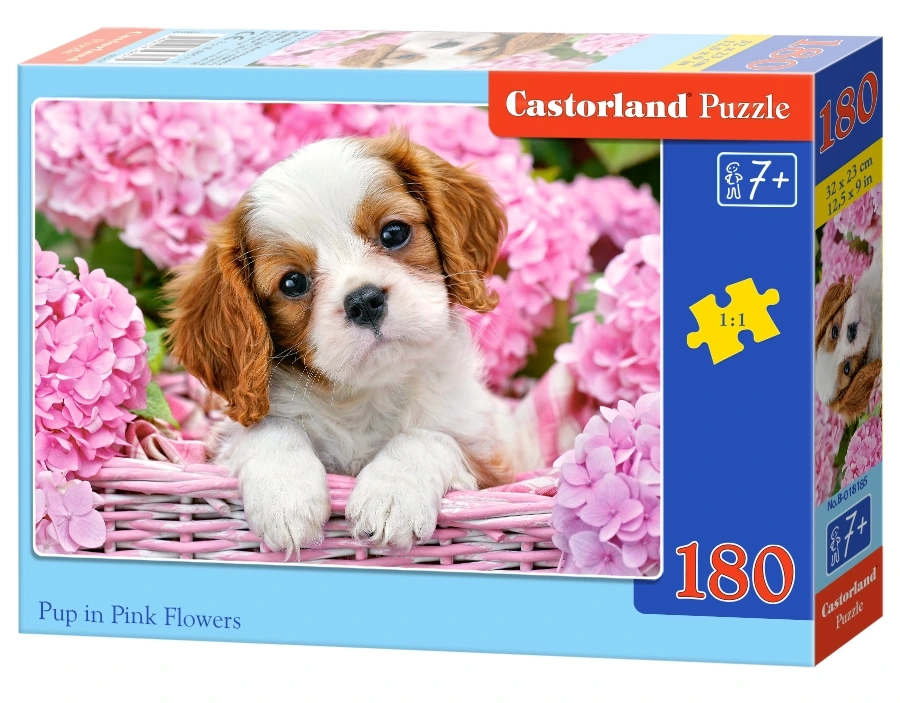 Puzzle 180 elementów PUP IN PINK FLOWERS