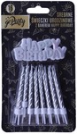 Świeczki urodzinowe srebrne z banerem Happy Birthday, 16szt.