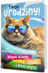 Karnet B6 Urodziny, kot w okularach holograf K.B6-HOLO-02